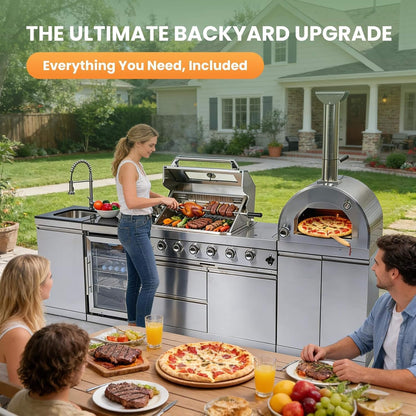 112-Inch 4-Burner 108K BTU Outdoor Kitchen Island With Pizza Oven, Rotisserie & Refrigerator (SAK94565)