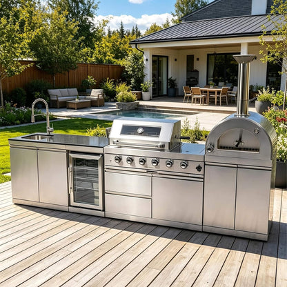 125-Inch 4-Burner 108K BTU Outdoor Kitchen Island With Pizza Oven, Rotisserie & Refrigerator (SAK55768)