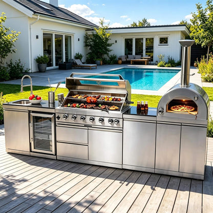 128-Inch 6-Burner 120K BTU Outdoor Kitchen Island With Pizza Oven, Rotisserie & Refrigerator (SAK75770)