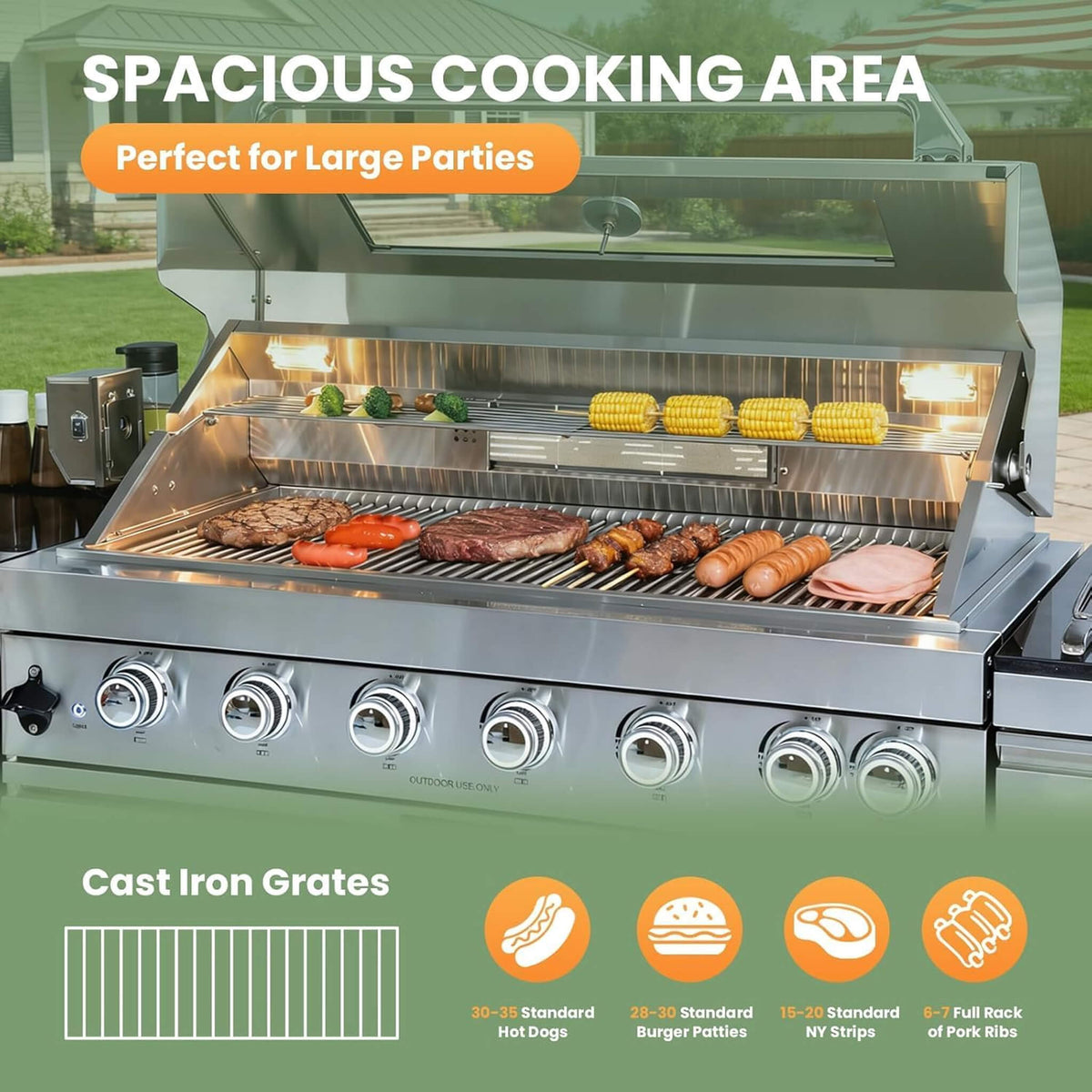 128-Inch 6-Burner 120K BTU Outdoor Kitchen Island With Pizza Oven, Rotisserie & Refrigerator (SAK75770)