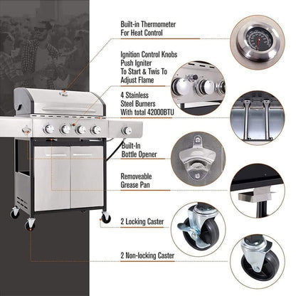 Large Outdoor 42K BTU BBQ Stainless Steel Propane Gas Grill With 4 Burners (SAK61283)